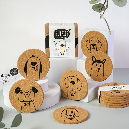 Puppylove - Cute dog coaster set of 6 made from cork