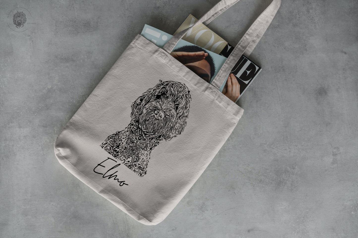 custom pet portrait on eco friendly products. Fashion for petlovers, unique to your individual pet. Sustainable, organic cotton, certified. Elmojis turns your pet into sketched portraits. Whether you choose a unisex or kids T-shirt or sweatshirt, a mug, tote, pouch or waterbottle - these pet portraits are more than just an emoji.